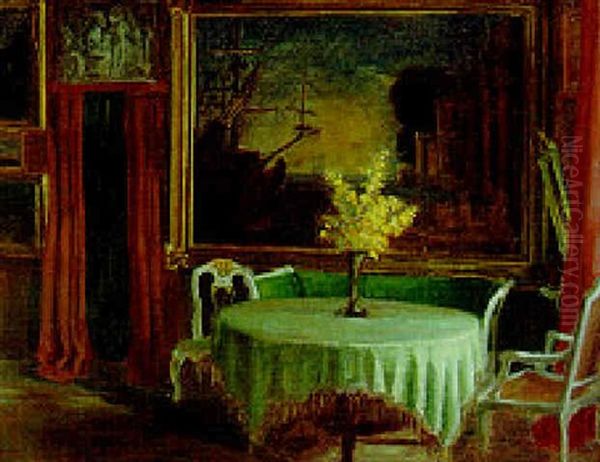 Yellow Flowers On A Table In An Interior Oil Painting by Viggo Svend Madsen