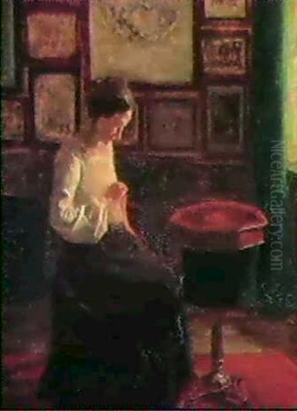 Interior Med Syende Kvinde Oil Painting by Viggo Svend Madsen