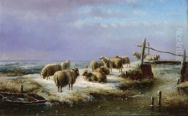 Sheep In A Winterlandscape Oil Painting by Bernardus Gerardus Ten Berge