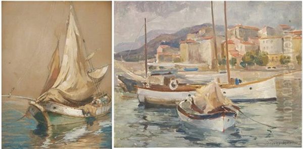 Port De Menton (+ Pecheur Affalant Ses Voiles; 2 Works) Oil Painting by Jacques Madyol