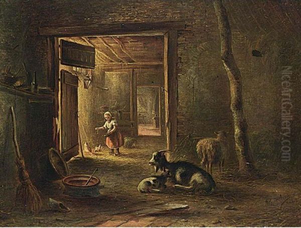 A Stable Interior With A Little Girl Feeding The Chickens Oil Painting by Bernardus Gerardus Ten Berge