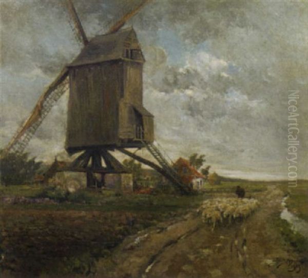 Leading The Sheep Past The Mill Oil Painting by Jacques Madyol