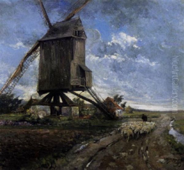 Schaapherder Bij De Molen Oil Painting by Jacques Madyol