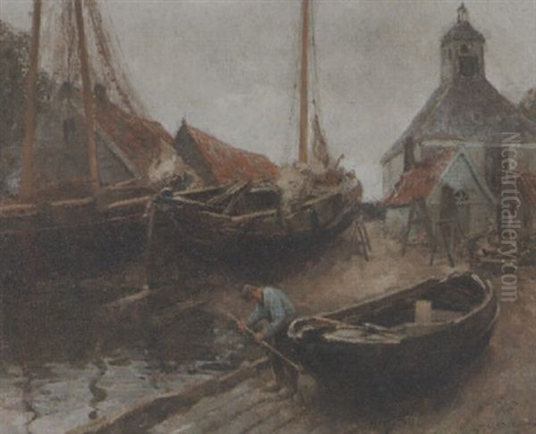 Boats In A Shipyard Oil Painting by Jacques Madyol