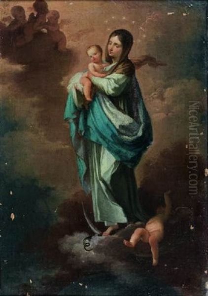 Vierge De L'immaculee (conception Tenant L'enfant Jesus Dans Ses Bras) Oil Painting by Mariano Salvador de Maella