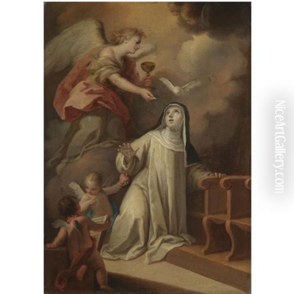 Saint Catherine Of Siena Receiving Holy Communion From An Angel Oil Painting by Mariano Salvador de Maella