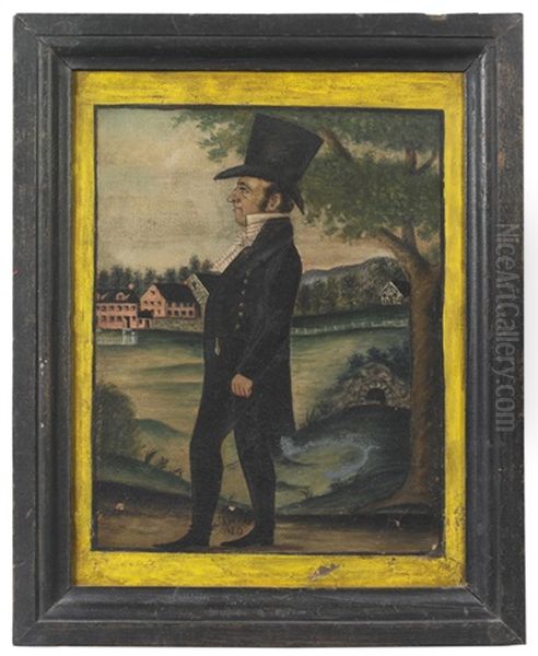 Portrait Of A Gentleman Wearing A Top Hat In A Landscape With Stone Buildings, Stream And Tree, Believed To Be The Hanover Area Of York County Pa Oil Painting by Jacob Maentel