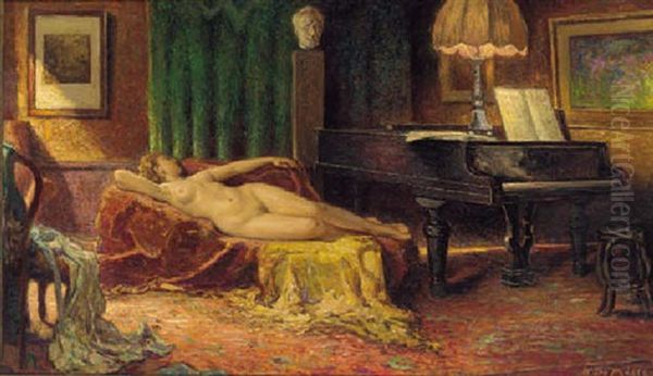 A Reclining Female Nude In An Interior Oil Painting by Bernard De Maere