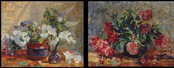 Natures Mortes Aux Fleurs (diptych) Oil Painting by Edmond De Maertelaere