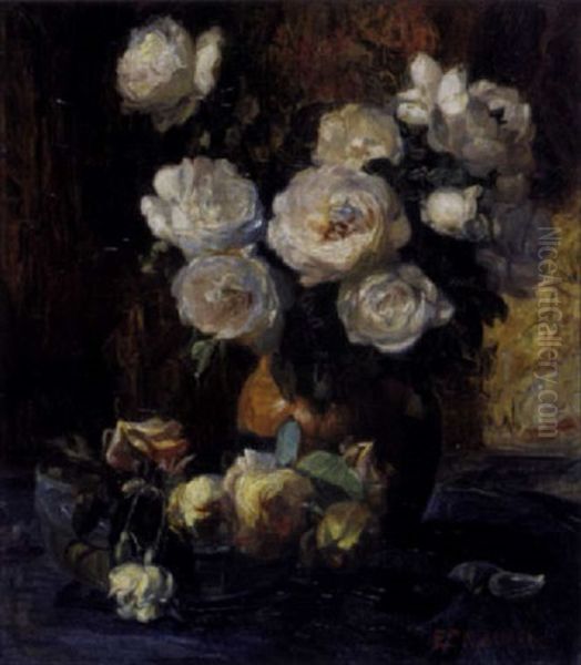 Stilleven Met Witte Rozen by Edmond De Maertelaere