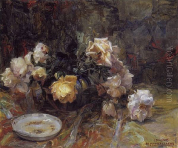 Stilleven Met Witte Rozen Oil Painting by Edmond De Maertelaere