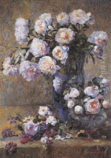 Pivoines Et Roses Oil Painting by Edmond De Maertelaere