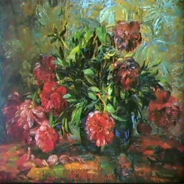 Nature Morte Aux Pivoines Oil Painting by Edmond De Maertelaere