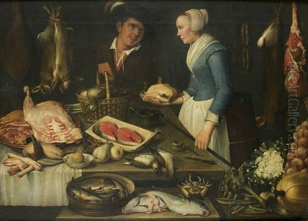 Une Cuisiniere Et Un Serviteur Preparant Un Repas Oil Painting by Jacob Maertens