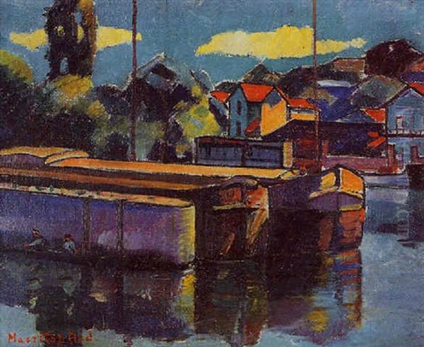 Peniches A Quai, Bord De Marne Oil Painting by Medard Maertens