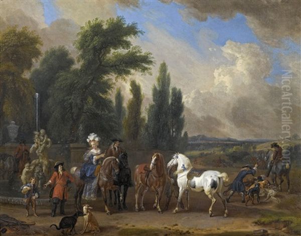 A Hunting Company In A Landscape Oil Painting by Dirk Maes