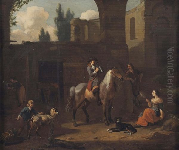 A Traveller On Horseback, Resting By A Stable With Other Figures Oil Painting by Dirk Maes