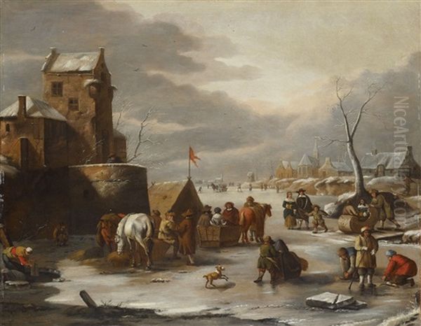 Winter Landscape With Golf Players Oil Painting by Dirk Maes