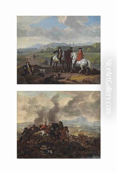 A Hunting Party (+ A Battle Scene; Pair) Oil Painting by Dirk Maes