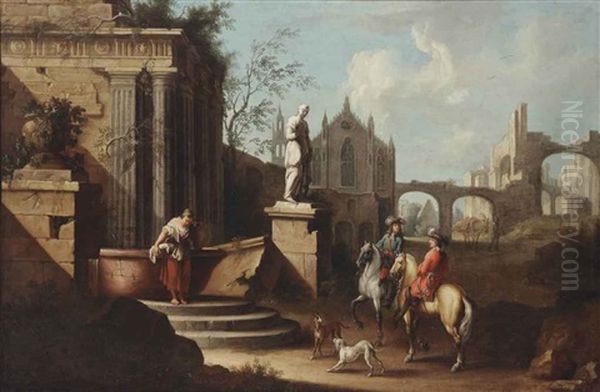 A Capriccio Of Classical Ruins With Two Gentlemen On Horseback By A Well With A Washing Maid Oil Painting by Dirk Maes