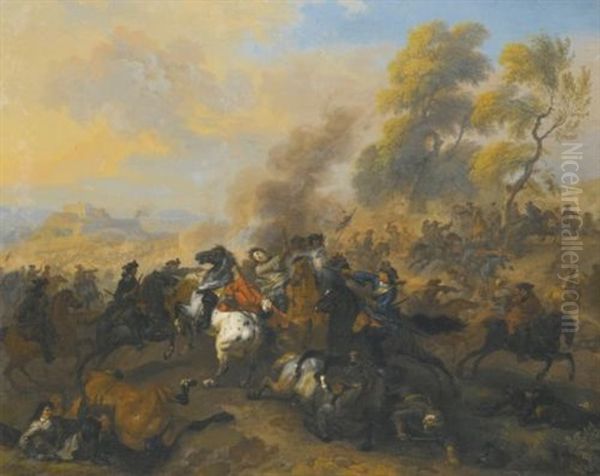 A Cavalry Battle Oil Painting by Dirk Maes