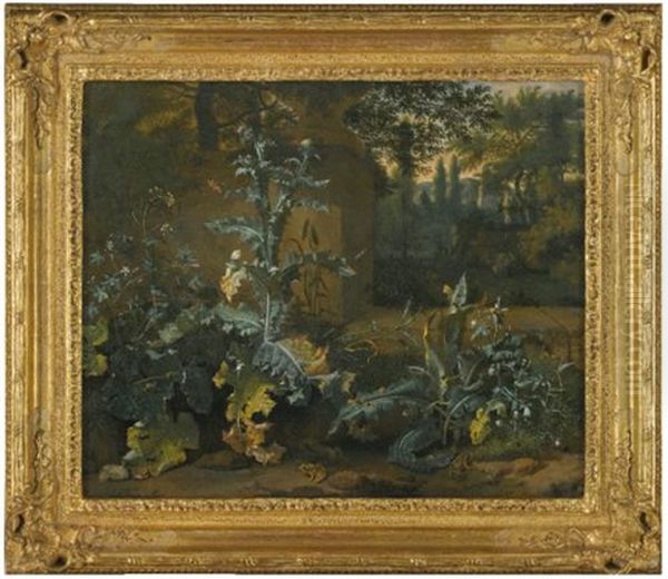 Thistles, Dock, And Other Forest-floor Plants In A Parkland Setting With Frogs, Butterflies, And Snails Oil Painting by Dirk Maes