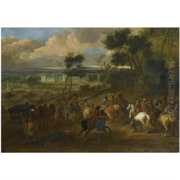 An Extensive Wooded Landscape With King Louis Xiv And His Company Returning From The Hunt, A View Of The Palace Of Versailles Beyond Oil Painting by Dirk Maes