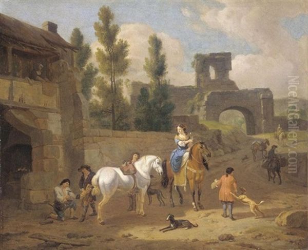 An Italianate Landscape With Elegant Figures Outside A Blackmith's Forge Oil Painting by Dirk Maes