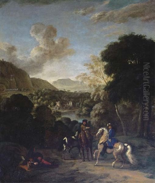 A Hawking Party In A Wooded Landscape With A Villa By A Lake Beyond Oil Painting by Dirk Maes