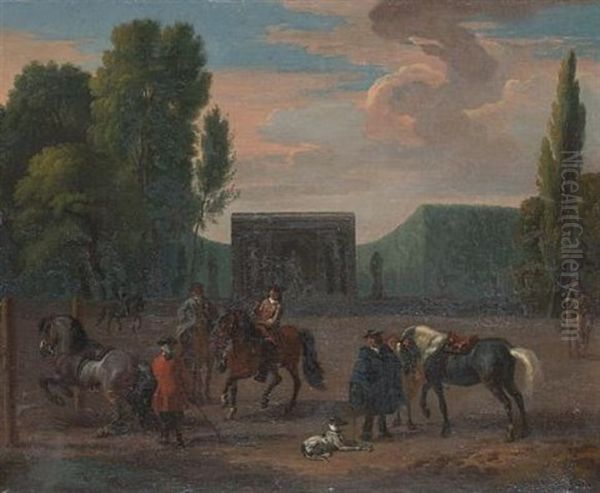 Horsemen In A Park Landscape Oil Painting by Dirk Maes