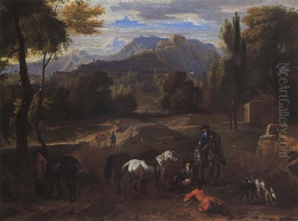 Sportsmen Resting In An Open Field In A Mountainous Wooded Landscape Oil Painting by Dirk Maes