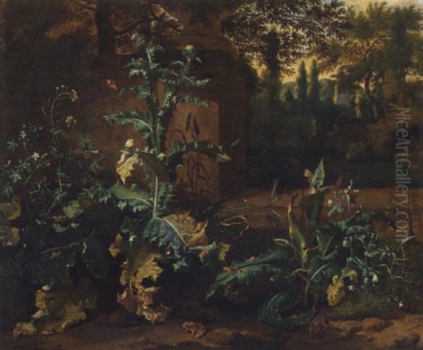 Frogs, Butterflies And Snails Amid Undergrowth Near A Wall, An Italianate Garden Beyond Oil Painting by Dirk Maes