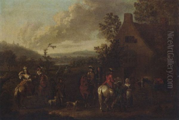 A Landscape With An Elegant Hunting Party Before An Inn Oil Painting by Dirk Maes