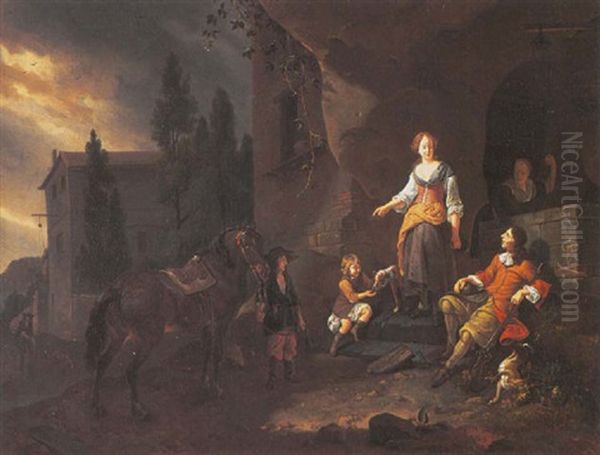 A Huntsman Resting At A Well Conversing With A Woman, A Boy Holding His Horse In Attendance Oil Painting by Dirk Maes