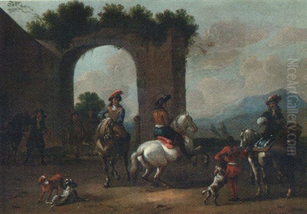 Horsemen Schooling Horses Before An Archway by Dirk Maes