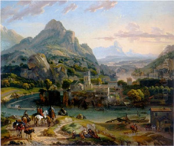 A Rhenish Landscape With Horsemen And Peasants On A Path By A River, A Village And Mountain Beyond Oil Painting by Dirk Maes