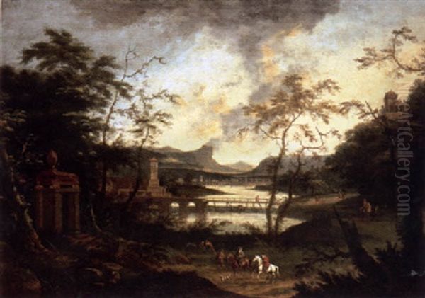 An Extensive River Landscape With A Hunting Party On A Track Oil Painting by Dirk Maes