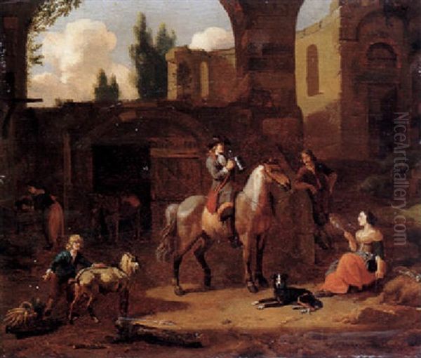 A Traveller On Horseback Taking Refreshment By A Stable, Among Classical Ruins, Shepherds Nearby Oil Painting by Dirk Maes