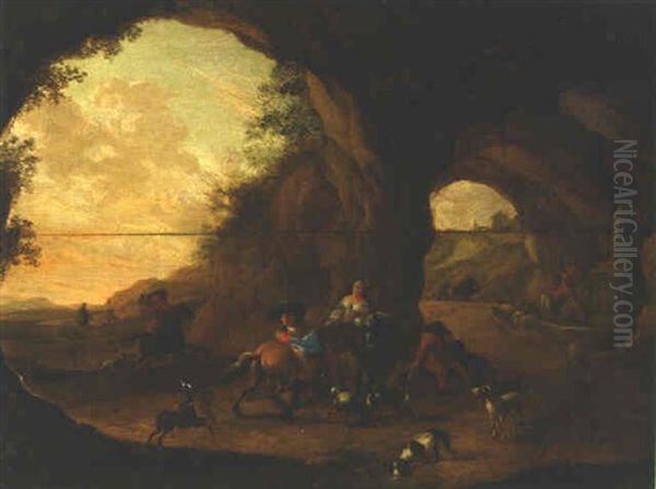 A Hunting Party At Rest On A Road In A Grotto Oil Painting by Dirk Maes