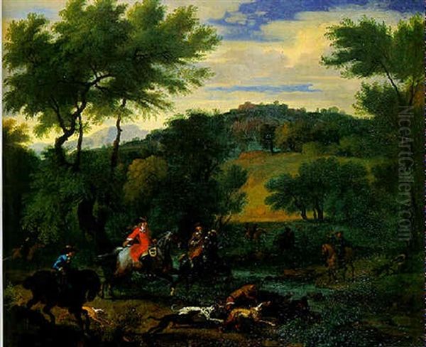 Sportsmen Hunting Boar In A Wooded River Landscape Oil Painting by Dirk Maes