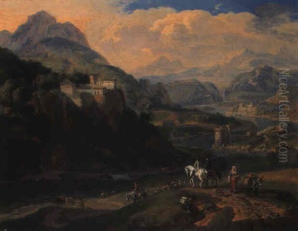 A Mountainous River Landscape With Travellers On A Path Oil Painting by Dirk Maes