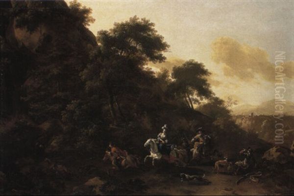 Stag Hunt In A Rocky Landscape Oil Painting by Dirk Maes