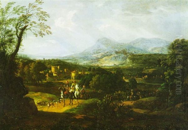 A Procession Of Turkish Horsemen In An Extensive Mountainous Landscape Oil Painting by Dirk Maes