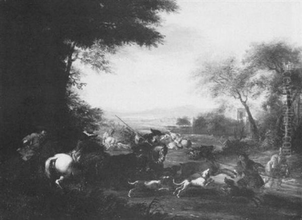 Extensive Landscape With A Stag Hunt Oil Painting by Dirk Maes