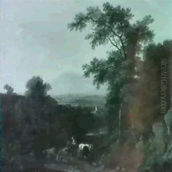 A Cowherd Conversing With A Peasant Woman On A Forest Path  An Extensive Valley Beyond, At Sunset Oil Painting by Dirk Maes