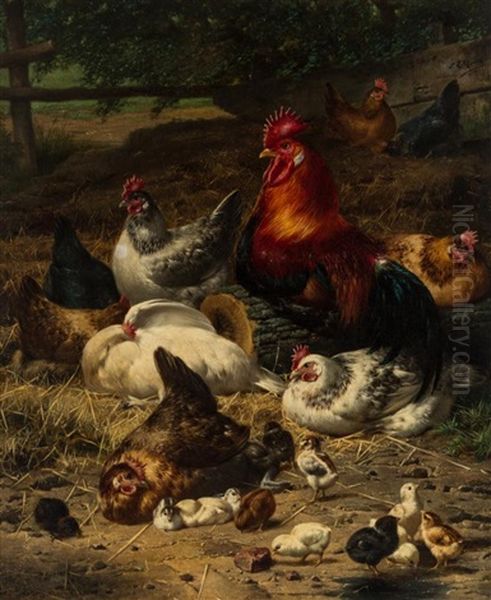 Farmyard With Cockerels, Hens, And Chicks Oil Painting by Eugene Remy Maes