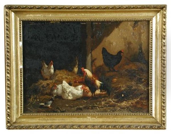 Studies Of Cockerels, Chickens And Pigeons, In A Farmyard, And In A Barn Oil Painting by Eugene Remy Maes