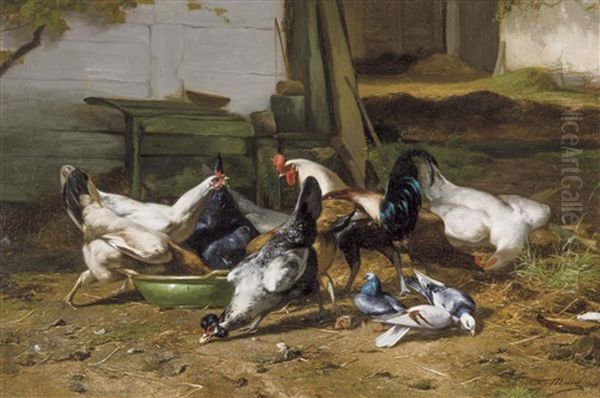 At The Farmyard Oil Painting by Eugene Remy Maes