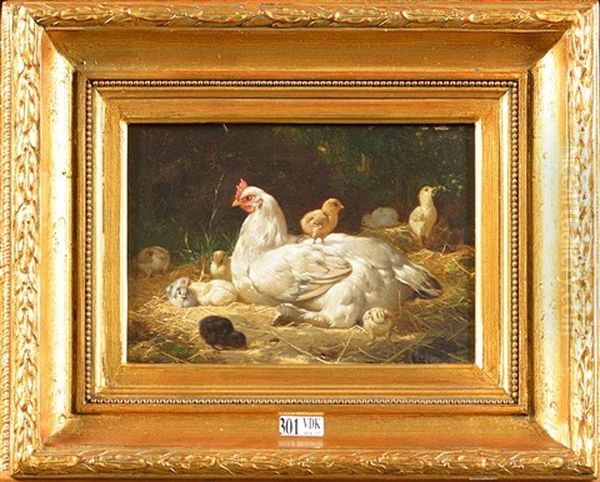 Poule Et Ses Poussins Dans La Paille Oil Painting by Eugene Remy Maes