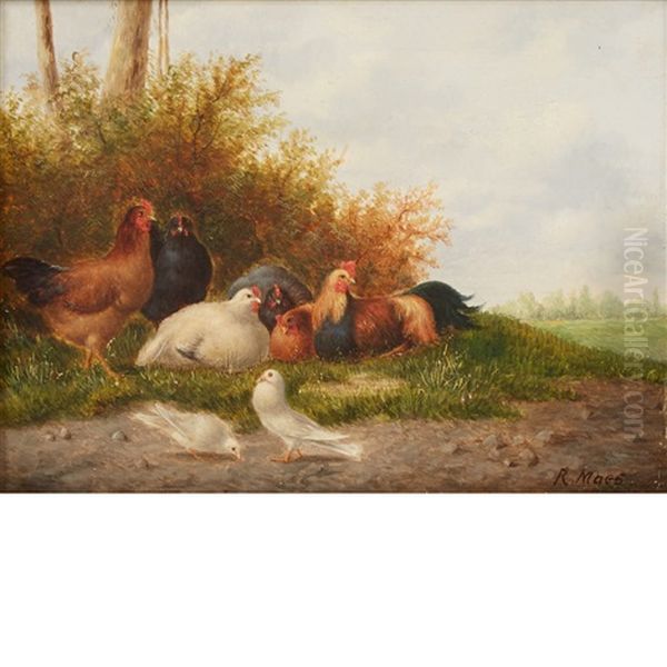 Chickens And Doves In A Landscape Oil Painting by Eugene Remy Maes